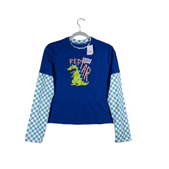 Rugrats Reptar Long Sleeve Dinosaur TShirt Nickelodeon Blue Checkered S Crew Tee - Picture 8 of 9